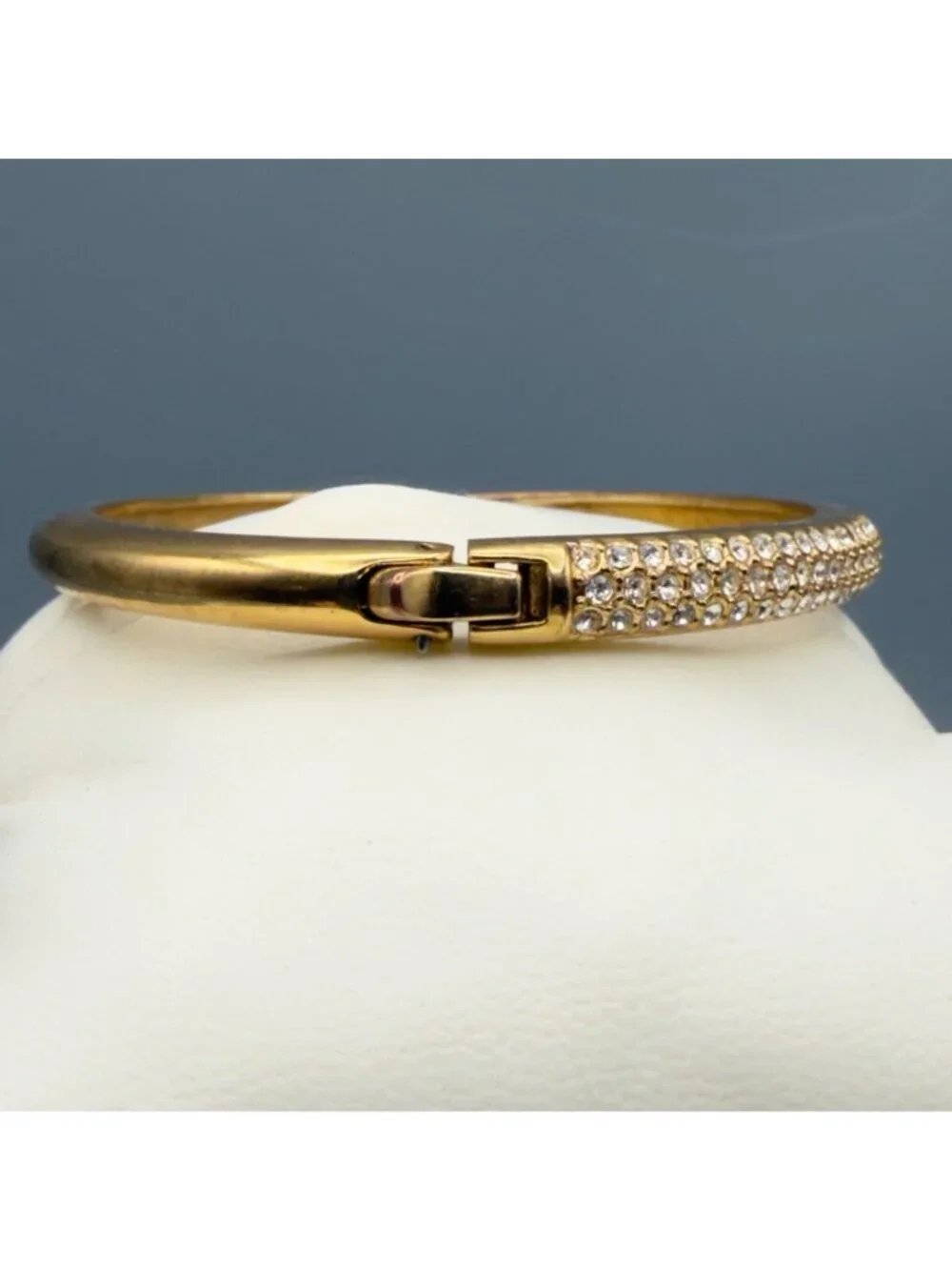Vintage Gold Tone Pave Rhinestone Hinged Bangle Bracelet Modernist Classic